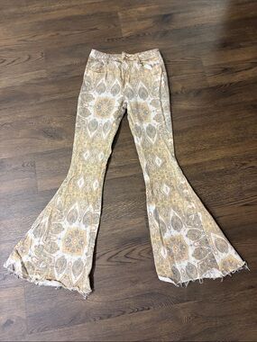 Paisley Flare Jeans in Cream & Tan - Boho Wide Leg